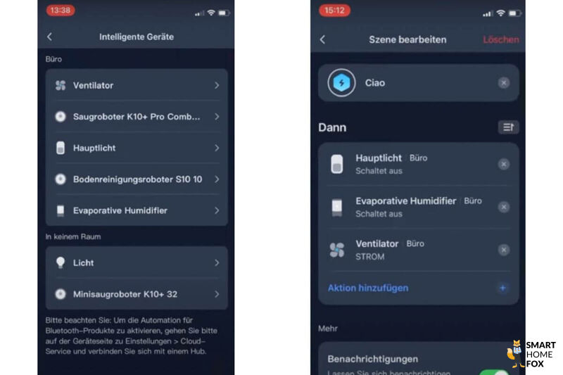 SwitchBot Hub 3 zeigt im Test, wie automatische Szenen zum Morgen und zum Abend ablaufen und welche Geräte inbegriffen sind und welche Aktionen sie automatisch ausführen.